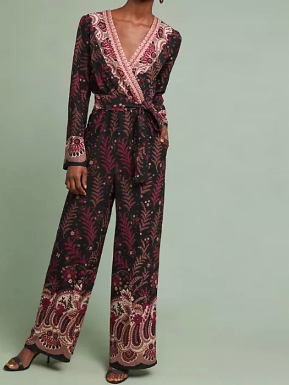 One September Printed Wrap Jumpsuit in Black & Burgundy